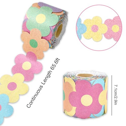 Whaline 65.6Ft Glitter Pastel Bulletin Board Border Floral Boho Flower Die Cut Trim Border Roll for Back to School Chalkboard Wall Decor - style: Pastel Flower