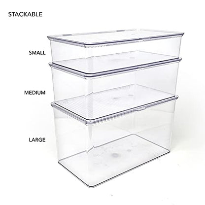 Isaac Jacobs Small Stackable Organizer Bin (10.75” x 6.5” x 2.4”) w Hinged Lid Clear Storage Box Home Office School Fridge Bathroom Kitchen Pantry Container BPAFree Food Safe (Small Clear) - size: Small