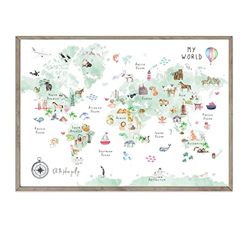 Green Kids World Map Wall Art Animal Map Canvas Wall Art Nursery Wall Decor World Map Poster Childrens Room Decor Playroom Prints Educational Artwork 16x24 Inch Unframed - color: Green Map Prints, size: 24"L x 16"W