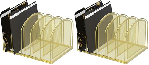 SUPEASY File Organizer for Desk, 5-Section Mesh Desk Organizer, Vertical File Holder Desktop Organizer File Sorter, File Folder Holder for Office Supplies, Gold (Pack of 2) - color: gold, size: 5 Section (Pack of 2)