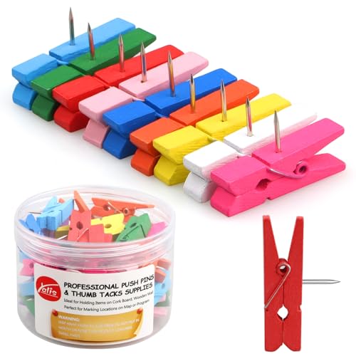 Wooden Push Pin Clips 50 Pcs, Pins Clips Creative Paper Clips with Pins for Cork Board and Photo Wall No Holes for The Paper
