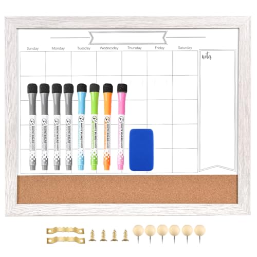 Dry Erase Calendar Whiteboard for Wall, Combination Magnetic Dry Erase White Board & Bulletin Board, 13" x 17" White Wood Framed Calendar/Cork Combo Board,Including 8 Markers and 1 Eraser(WH-3343+1) - color: White+1, size: 13“×17”