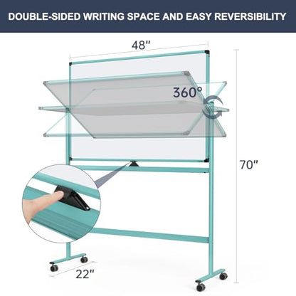 Rolling Whiteboard, 48x32 Inches Dry Erase Board with Stand, Magnetic Mobile Whiteboard on Wheels, Standing White Board for Office, School, Home, Large Double Sided White Board with Paper Pad - color: Light Blue, size: 48"x32"
