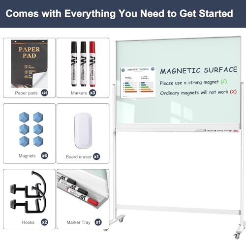 Tankee Rolling Whiteboard, 48x32 Inches Magnetic Glass Dry Erase Board with Stand, Standing White Board on Wheels, Large Glass Mobile Whiteboard for Office School Classroom Home Homeschooling - color: Magnetic Glass Board - W, size: 48"x32"