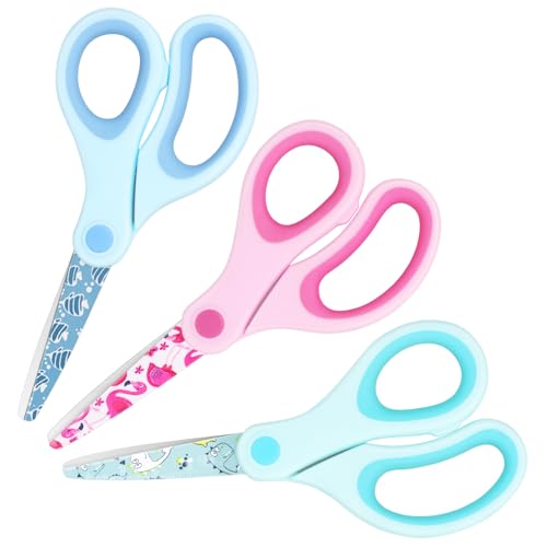 Patterned Children's Scissors, Blunt Safety Children's Craft Scissors, Stainless Steel Blades, Soft Grips, Pink, Blue, Fruit Green 3 Pairs