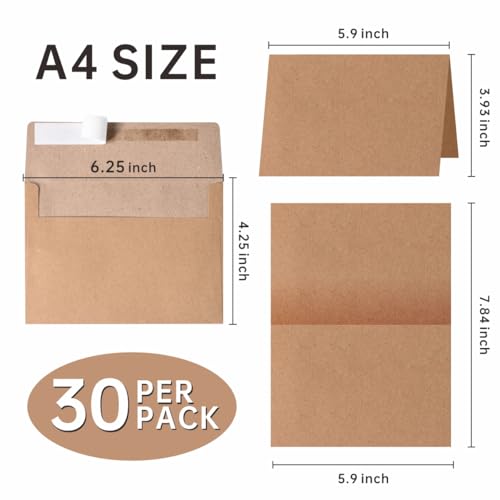 70 Packs A4 Envelopes, White, 4x6 Photo, Self Seal for Invitations, Weddings, Baby Shower, Photos, Postcards, Greeting Cards, Mailing (Kraft, 30 Pack A4 Cards and Envelopes) - color: Kraft, size: 30 Pack A4 (4.72x6.50in) Cards and Envelopes