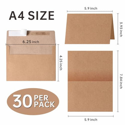70 Packs A4 Envelopes, White, 4x6 Photo, Self Seal for Invitations, Weddings, Baby Shower, Photos, Postcards, Greeting Cards, Mailing (Kraft, 30 Pack A4 Cards and Envelopes) - color: Kraft, size: 30 Pack A4 (4.72x6.50in) Cards and Envelopes