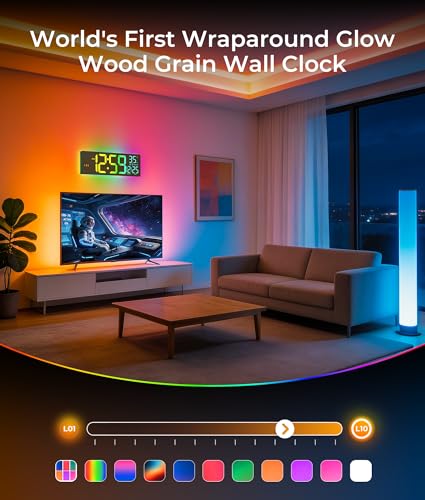EASYERA 16.5" Large Digital Wall Clock with BT Sync, Wood Grain Clock with 11 RGB Light Scenes, Remote Control, Dual Alarms with Big LED Display, Auto DST, Temperature for Classroom Gaming - color: Beige