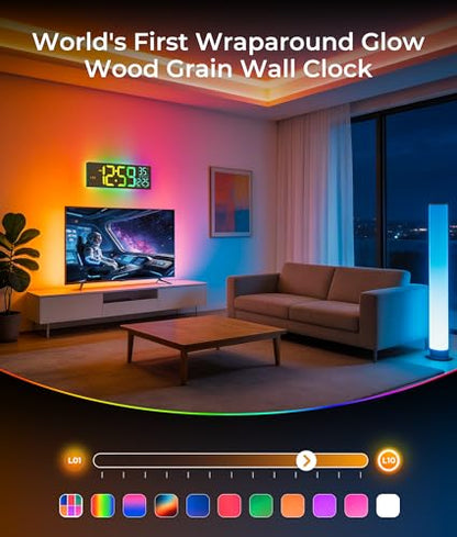 EASYERA 16.5" Large Digital Wall Clock with BT Sync, Wood Grain Clock with 11 RGB Light Scenes, Remote Control, Dual Alarms with Big LED Display, Auto DST, Temperature for Classroom Gaming - color: Beige
