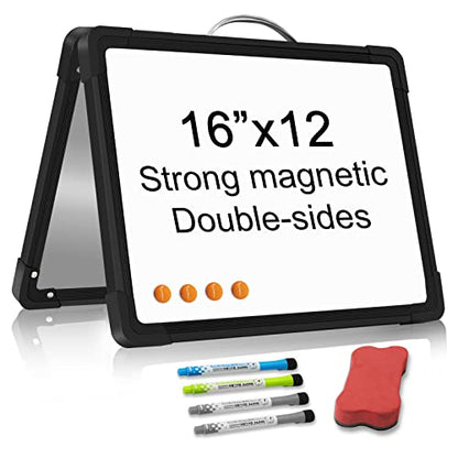 Small Dry Erase White Board Double-Sided Magnetic Portable White Board Desktop Foldable Tabletop Whiteboard Easel for Home, Office, Classroom - size: desktop 16"x12" black
