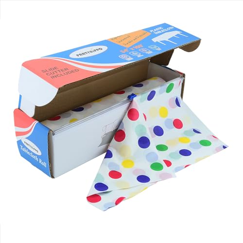 Plastic Tablecloth Roll – 54" x 100' Plastic Tablecloths for Parties Disposable with Cutter Box - Cut to Size Disposable Tablecloth for Rectangle & Round (Colorful Dots) - color: Colorful Dots