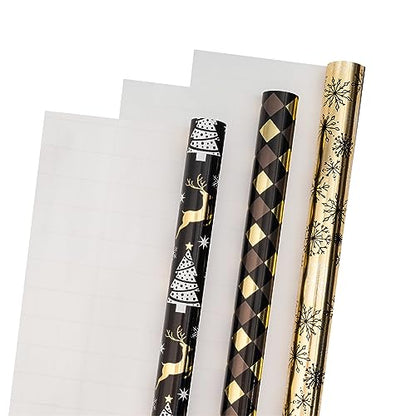 LeZakaa Black Gold Christmas Wrapping Paper Mini Roll, Reindeer Snowflake Tree Grid Metallic Foil Holiday Gift Wrap, DIY Craft, for Xmas Winter Party, 17 x 120 inches, 3 Rolls - color: Reindeer, Snowflake, Grid