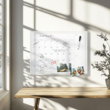 U Brands Magnetic Dry Erase Monthly Calendar Whiteboard Value Pack, 24" x 18", Wall Mounted Planner Board with Wood Style Frame, Home Office & Kitchen Family Command Center, Includes Markers & Magnets