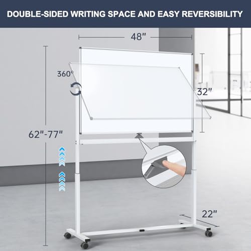 White Board on Wheels, 48 x 32 Inches Height-Adjustable Large Rolling Whiteboard, Mobile Magnetic Dry Erase Board with Stand, Double-Sided Standing Whiteboard for Office, Home, Classroom, School - color: White - Upgraded, size: 48"x32"