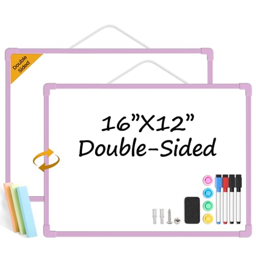 Purple Frame Small Dry Erase Board for Wall, 16" x 12" Double-Sided Hanging Whiteboard with 4 Markers, 4 Magnets and 3 Mini Sticky Notes, Portable Whiteboard for Kids, School, Home, Office - color: Purple, size: 16"x12"