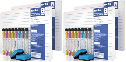 Nicpro Dry Erase Lap Board 9 x 12 inches 4 Pack Ruled Kid Double Sided Blank & Lined Small Lapboard with 8 Pens, 2 Eraser, Learning Mini Whiteboard Portable for Student and Classroom Use - color: Lined, size: 4 Pack 9 × 12 inches