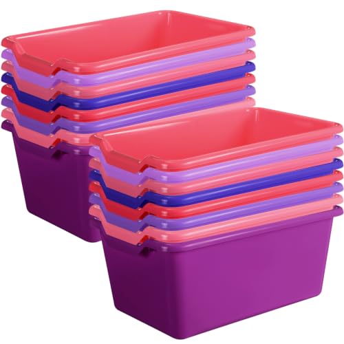 Dandat 16 Pcs Plastic Book Bins for Classroom Library Cubby Bins Scoop Front Stackable Toy Storage Tubs Containers for School Office Home Nursery Playroom Organization (Pink Series) - color: Pink Series