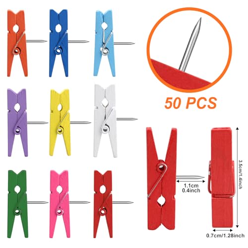 Wooden Push Pin Clips 50 Pcs, Pins Clips Creative Paper Clips with Pins for Cork Board and Photo Wall No Holes for The Paper
