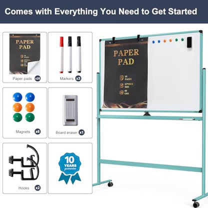 Rolling Whiteboard, 48x32 Inches Dry Erase Board with Stand, Magnetic Mobile Whiteboard on Wheels, Standing White Board for Office, School, Home, Large Double Sided White Board with Paper Pad - color: Light Blue, size: 48"x32"