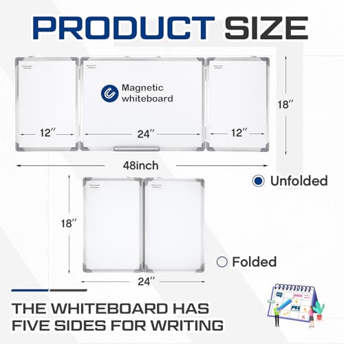 AmazingSpark 48” x 18” Foldable Whiteboard Dry Erase Board Large Tri Folding Whiteboard Magnetic Dry Erase Board, Wall Aluminium Frame and Flip Out Pen Tray for Office, Home - size: 48"W x 18"H