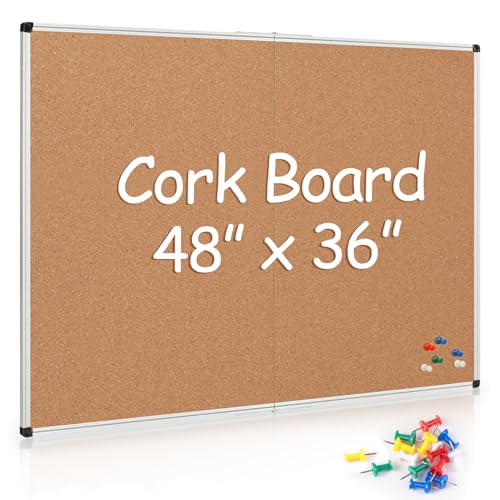 Cork Board Bulletin Board 36 x 48, Silver Aluminium Framed 4x3 Corkboard, Foldable Office Board for Wall, Large Wall Mounted Notice Pin Board with 36 Push Pins for School, Home & Office - color: Silver, size: 36" x 48"