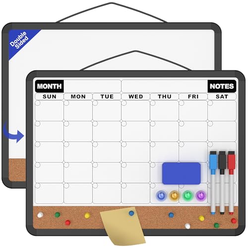 Monthly Calendar Dry Erase Board 16x12 Inch, Double-Sided Whiteboard and Corkboard Combo with Black Plastic Frame, Wall Mounted Planner Organizer with Markers, Magnets, Push Pins, Eraser - size: 16"W x 12"H, style: Black Plastic Frame