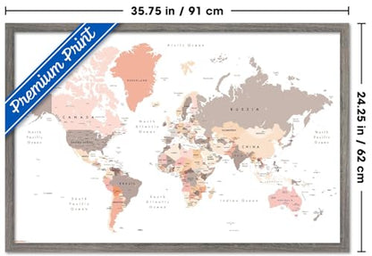 Geography - World Map Neutral Earth Tones 26 Wall Poster, 34L" x 22.4W", Barnwood Framed Version - color: Barnwood Framed Version, size: 34L" x 22.4W"