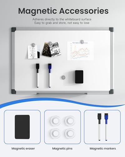Magnetic White Board Hanging 18" x 12" for Wall, Small Dry Erase Board for Kids, Kitchen, Office, Includes 1 Eraser, 2 Markers, 4 Magnets, Pen Tray, Silver Aluminum Frame