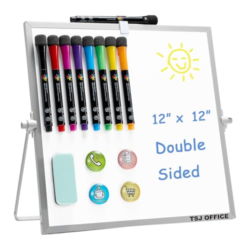 TSJ OFFICE Small White Board - 12 X 12 Inches Small Magnetic Dry Erase Board with Hooks for Wall, Desktop Whiteboard Stand 360 Degrees Revolving Double Sided for Office, Home, School, Silver - color: Silver, size: 12"W x 12"H