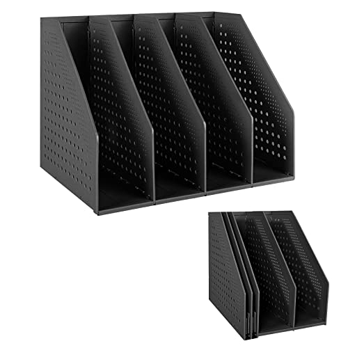 SAYEEC Collapsible Magazine Holder Plastic Desktop 4 Compartment File Rack Magazine Organizer Vertical File Divider Sorter Storage Document Organizer for Office Home School Black - color: Black (4 Compartments)