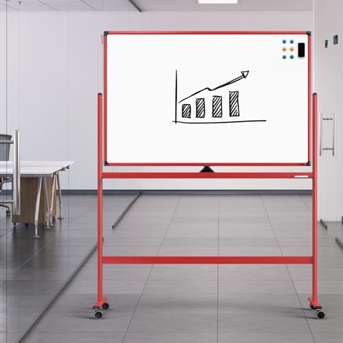 Rolling Whiteboard, 48x32 Inches Dry Erase Board with Stand, Magnetic Mobile Whiteboard on Wheels, Standing White Board for Office, School, Home, Large Double Sided White Board with Paper Pad - color: Red, size: 48"x32"