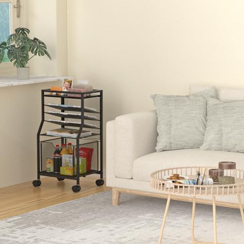 BOHDK Rolling File Cart, 6-Tier Desk File Organizer on Lockable Wheels, Black Wood Planks & Mesh Sliding Hanging Folder Drawer, Organization Cart for Office Home School - color: Black
