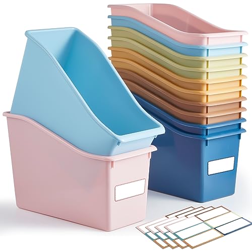 Geetery 6 Pcs Book Bin for Classroom with Labels Stackable Plastic Organizing Bins 11.5 x 5.4 x 7.5 in Book Holders Storage Bins Box Baskets for Classroom Library Home (Boho Color) - color: Boho Color