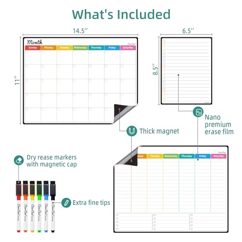 Magnetic Dry Erase Monthly Calendar Set - 14.5"x11" Monthly and Weekly Calendar, 6.5"x8.5" List Board for Fridge - 6 Extra Fine Point Markers Included - Shipped Flat - style: Month+Week+List
