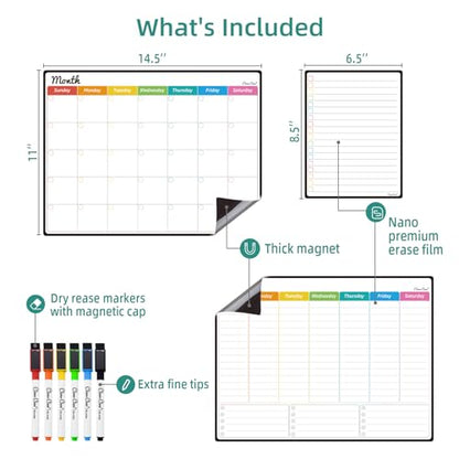Magnetic Dry Erase Monthly Calendar Set - 14.5"x11" Monthly and Weekly Calendar, 6.5"x8.5" List Board for Fridge - 6 Extra Fine Point Markers Included - Shipped Flat - style: Month+Week+List