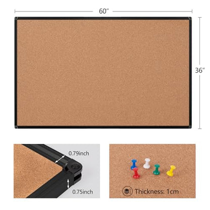 Extra Large Cork Bulletin Board 60" X 36", Black Aluminum Framed 5'x3' Corkboard for Wall, Wall Mounted Notice Pin Board with 18 Push Pins for School, Home & Office - size: 60" x 36"