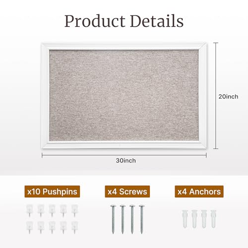 VUSIGN Linen Bulletin Board, 30'' x 20'' Large White Cork Board Decorations, Wall Mounted White Framed Cork Boards, Fabric Pin Boards for Walls with 10 Pushpins for Home, School, Office