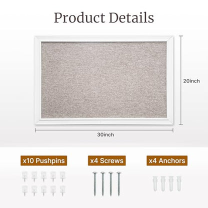 VUSIGN Linen Bulletin Board, 30'' x 20'' Large White Cork Board Decorations, Wall Mounted White Framed Cork Boards, Fabric Pin Boards for Walls with 10 Pushpins for Home, School, Office