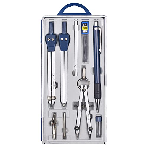 Unjoo 9Pcs Precision Geometry Set Metal Compass, Geometry Tool Tool Set with Shatterproof Storage Box, Circle Drafting Tool and Architecture, Drafting Kits for Engineers Students(Blue) - color: Blue