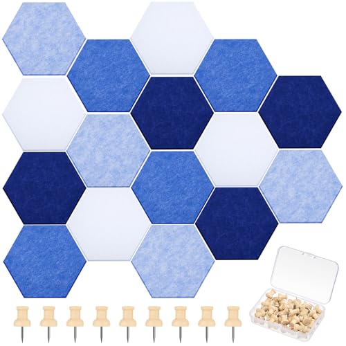Mindsoft 6.7 x 5.9 in 16 Pcs Hexagon Cork Board Tiles with 50 Wooden Push Pins, Cork Boards for Wall, Felt DIY Tiles with Nano Tape, Pin Board for Office Classroom Home Photo Memo Note (Blue) - color: Blue, size: 6.7 x 5.9 in