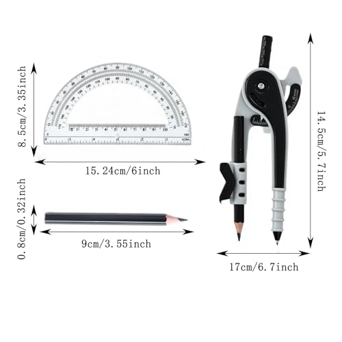Vobou Professional Compass for Geometry Set with 6 Inch Protractor, Compass, Sharpener and Eraser for Circle Drafting Tool, Student Geometry Math Set (Black) - color: Black