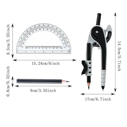 Vobou Professional Compass for Geometry Set with 6 Inch Protractor, Compass, Sharpener and Eraser for Circle Drafting Tool, Student Geometry Math Set (Black) - color: Black