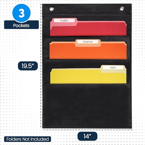 Essex Wares - 3 Pocket File Pocket Chart, Black, 14" Wide x 19.5" Tall - Versatile Wall Hanging File Folder Organizer for Classroom, Office, Home, and More - Wall Folder Organizer - 3 Pockets - size: 3 Pocket