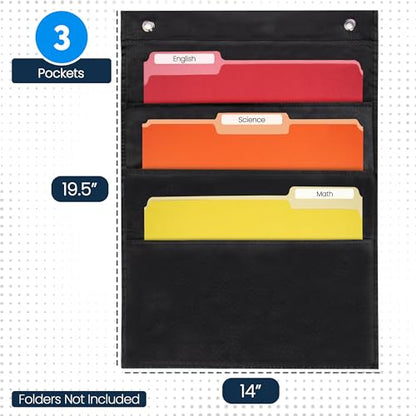 Essex Wares - 3 Pocket File Pocket Chart, Black, 14" Wide x 19.5" Tall - Versatile Wall Hanging File Folder Organizer for Classroom, Office, Home, and More - Wall Folder Organizer - 3 Pockets - size: 3 Pocket