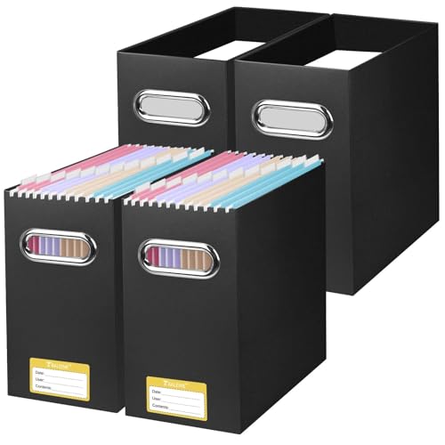 BALEINE File Organizer Box, Cardboard File Folder Organizer with Handle for Letter Size, Portable Collapsible Hanging Filing Box for Home Office Document Storage (4 Pack, Black) - color: Black, style: 4PK (Slim)