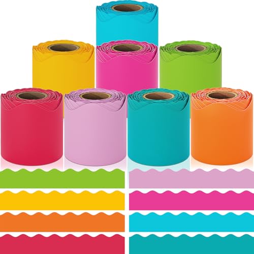 Bulletin Board Borders, 8 Rolls 262.4 Ft Rainbow Scalloped Bulletin Borders, Colorful Bulletin Board Decorations for Class, School, Office, Ideal for Blackboard, Whiteboard Trim Classroom Decor - color: Rainbow