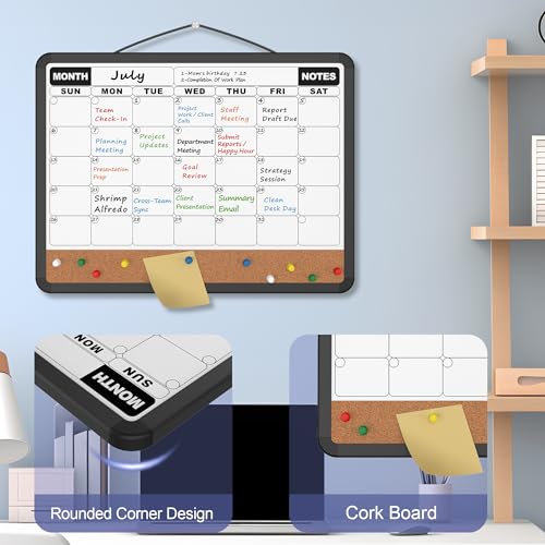 Monthly Calendar Dry Erase Board 16x12 Inch, Double-Sided Whiteboard and Corkboard Combo with Black Plastic Frame, Wall Mounted Planner Organizer with Markers, Magnets, Push Pins, Eraser - size: 16"W x 12"H, style: Black Plastic Frame