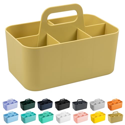 Tiawudi Multipurpose Caddy Organizer, Plastic Caddy with Handle, Stackable Desk Organizer for Stationery, Marker and Pencil, Office Supplies Organizer, Dorm Caddy - color: Mustard