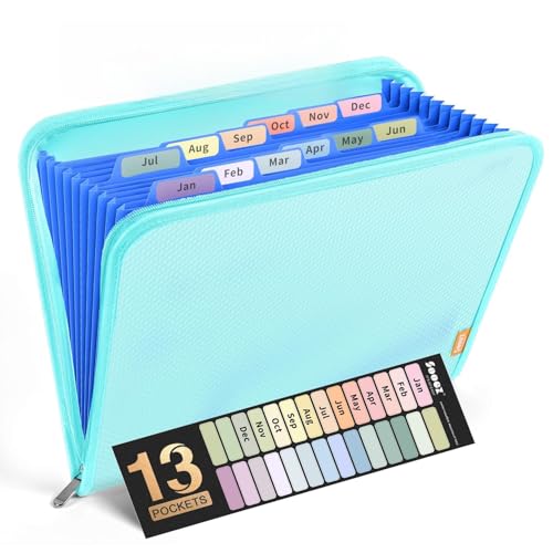 Sooez 13 Pocket Accordion File Organizer, Zipper Expanding File Folder Organizer, Reinforced Plastic Accordion Folder, A4 Letter Size, Portable Folders for Documents, SkyBlue - color: Sky Blue, style: 13 Pocket