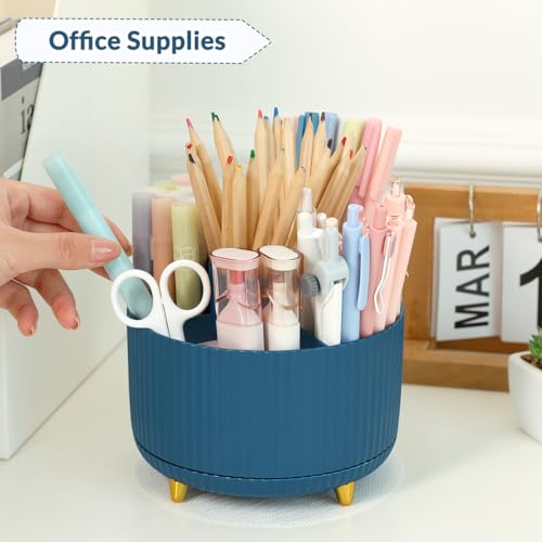 SKYDUE 360 Degree Rotating Desk Organizer, Dual-Purpose Pencil Pen Holder, Rotating Desk Pen Organizer with 5 Slots, Pencil Cup for Office, School, Home - color: Dark Blue
